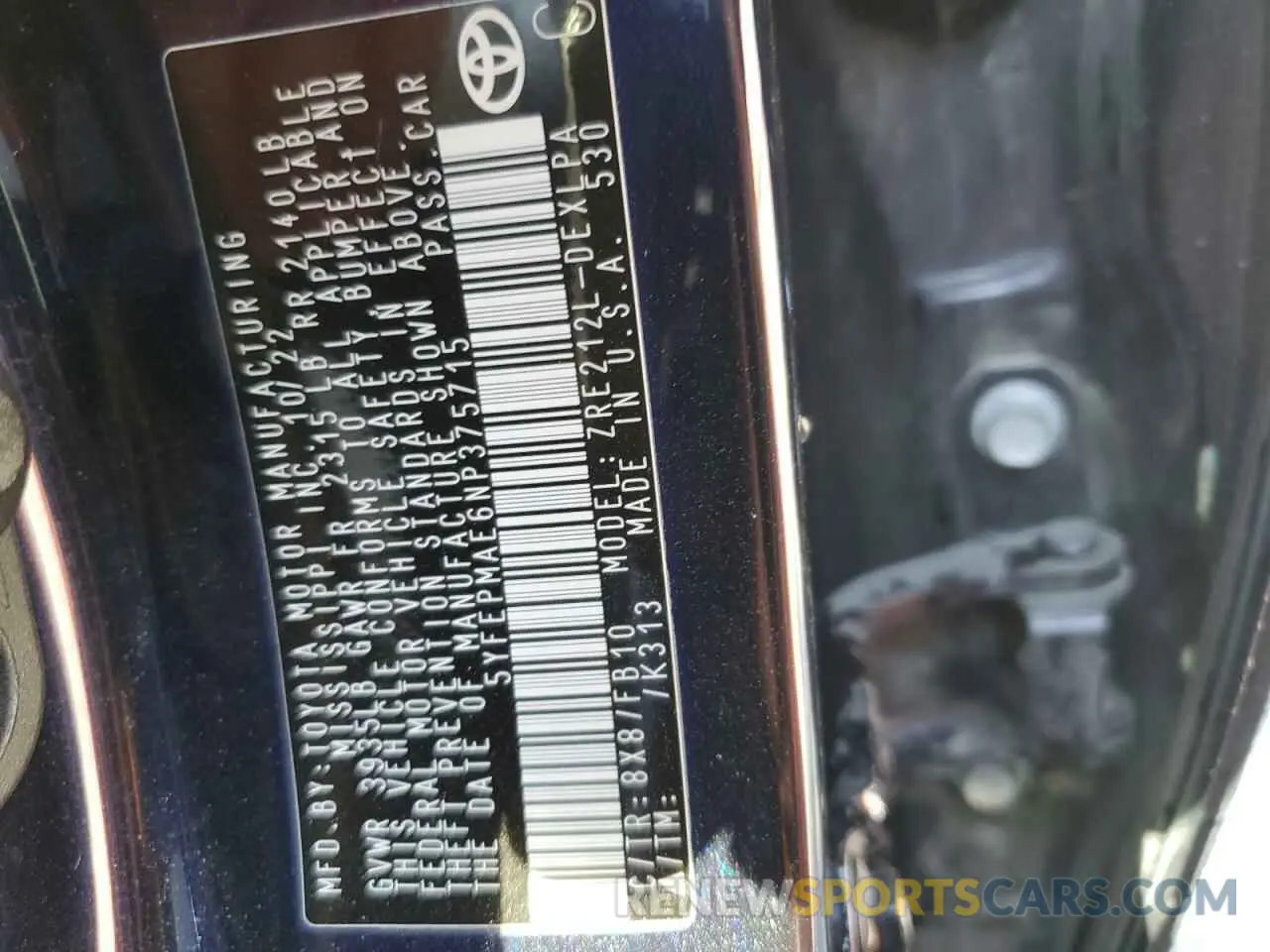 13 fotografías del automóvil dañado 5YFEPMAE6NP375715 TOYOTA COROLLA 2022