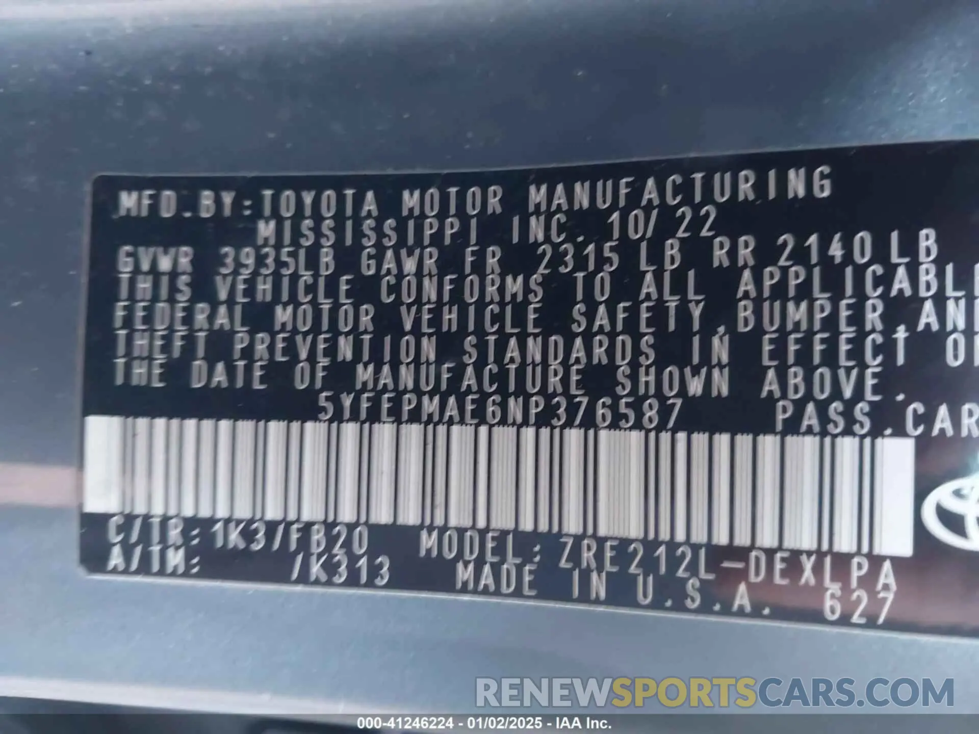 9 fotografías del automóvil dañado 5YFEPMAE6NP376587 TOYOTA COROLLA 2022