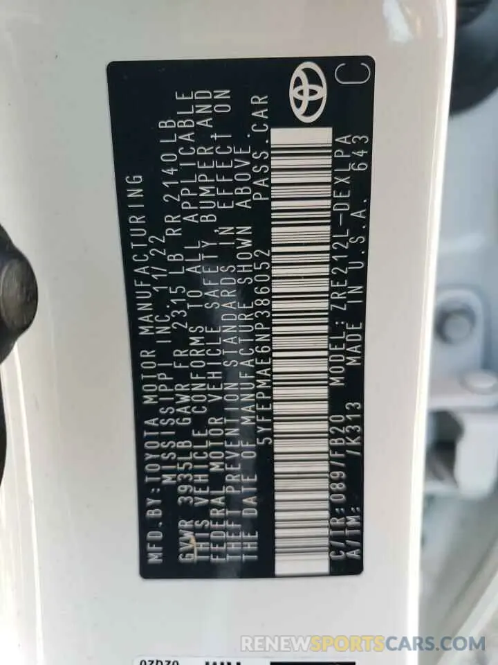 15 fotografías del automóvil dañado 5YFEPMAE6NP386052 TOYOTA COROLLA 2022