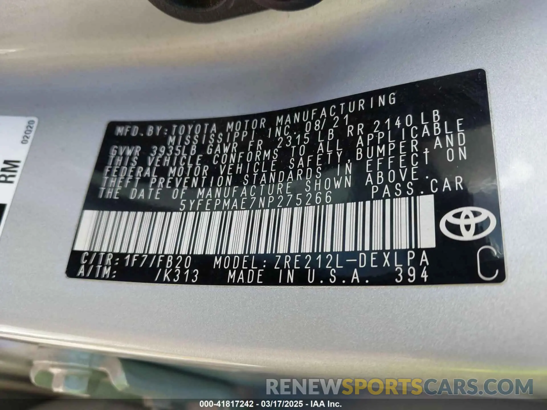 9 fotografías del automóvil dañado 5YFEPMAE7NP275266 TOYOTA COROLLA 2022