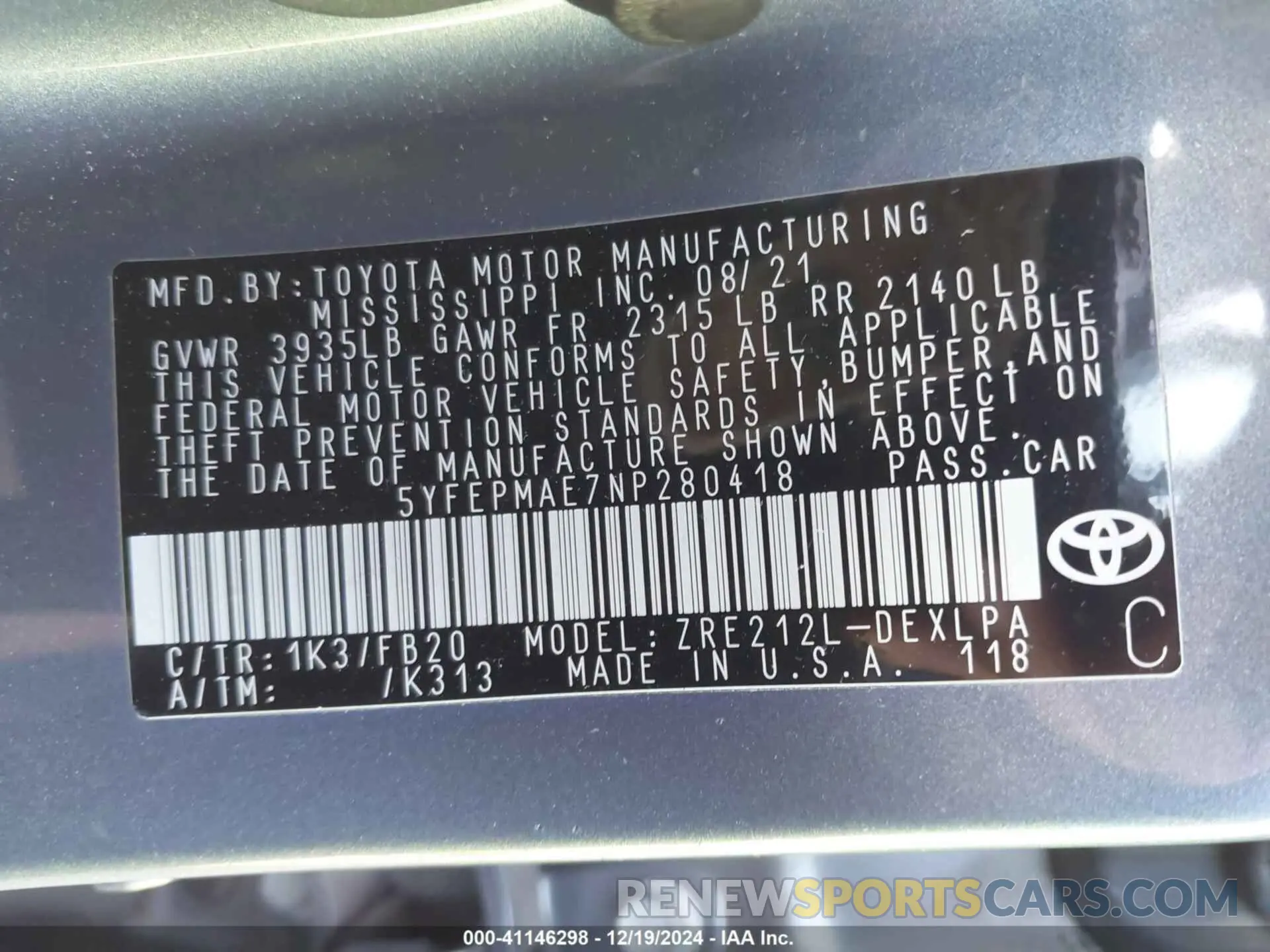 9 fotografías del automóvil dañado 5YFEPMAE7NP280418 TOYOTA COROLLA 2022