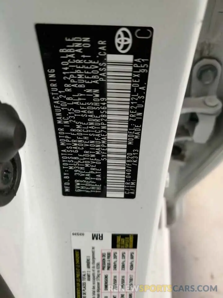 13 fotografías del automóvil dañado 5YFEPMAE7NP285649 TOYOTA COROLLA 2022