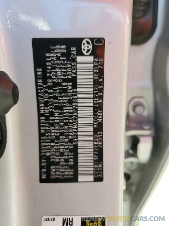 14 fotografías del automóvil dañado 5YFEPMAE7NP288616 TOYOTA COROLLA 2022