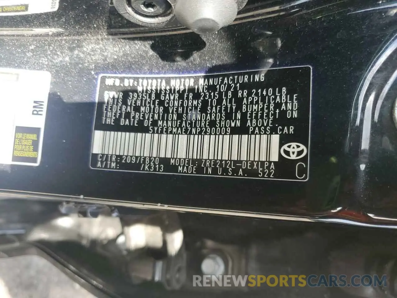 13 fotografías del automóvil dañado 5YFEPMAE7NP290009 TOYOTA COROLLA 2022