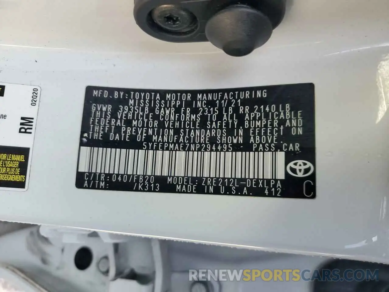 12 fotografías del automóvil dañado 5YFEPMAE7NP294495 TOYOTA COROLLA 2022