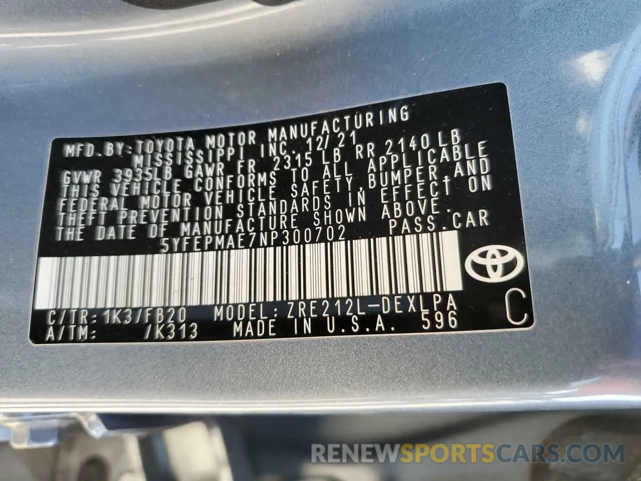 12 fotografías del automóvil dañado 5YFEPMAE7NP300702 TOYOTA COROLLA 2022