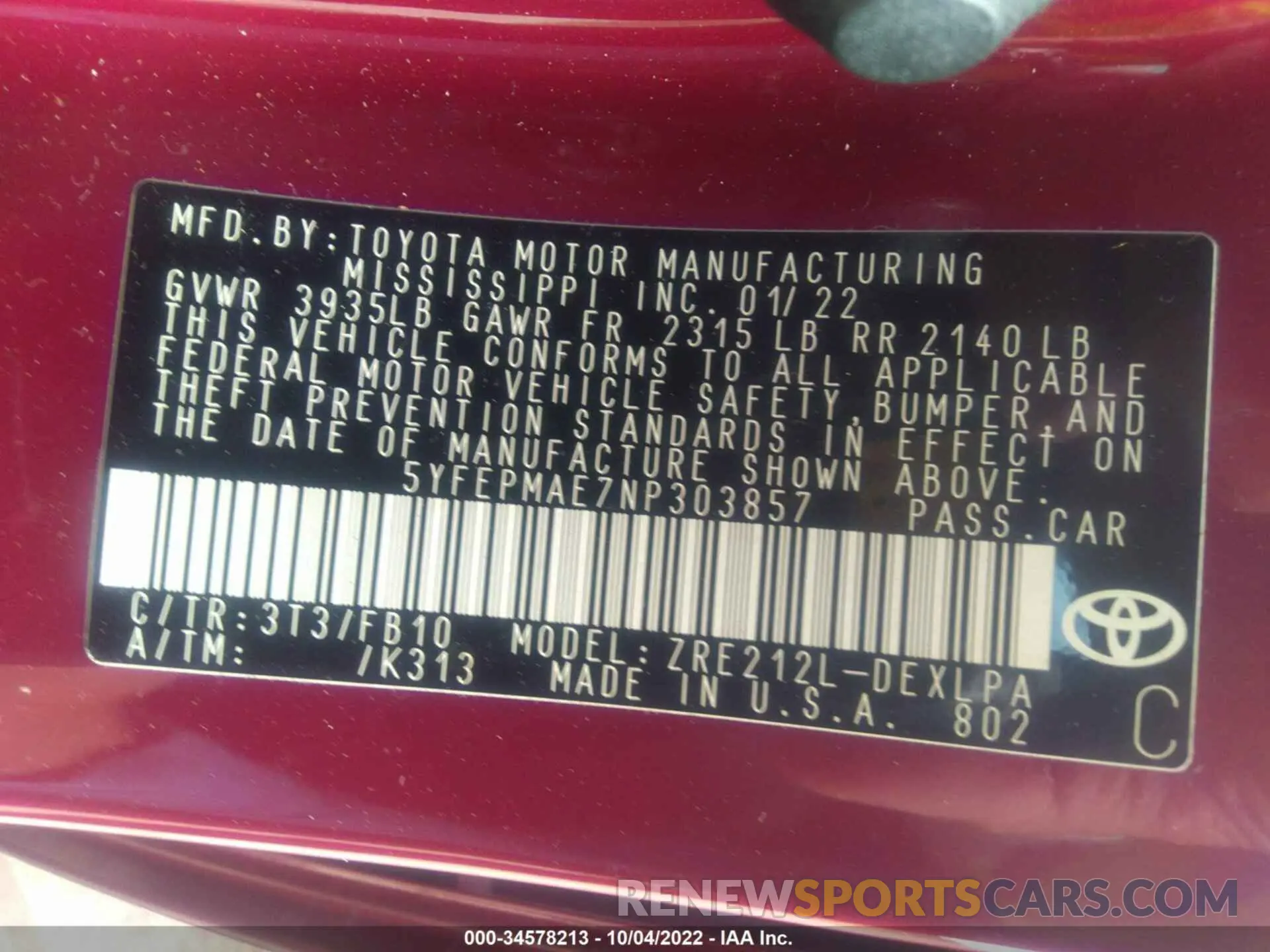 9 fotografías del automóvil dañado 5YFEPMAE7NP303857 TOYOTA COROLLA 2022