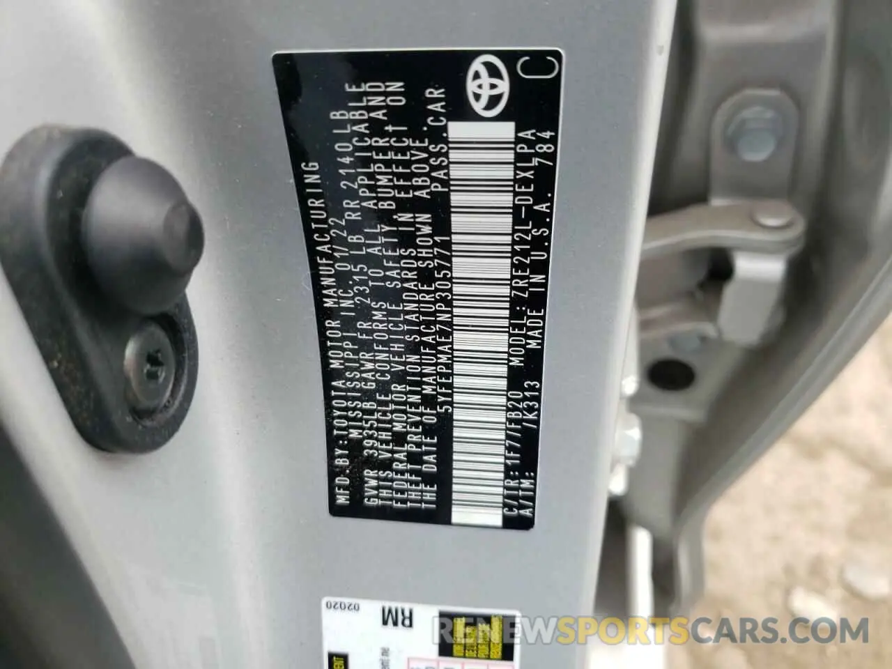 10 fotografías del automóvil dañado 5YFEPMAE7NP305771 TOYOTA COROLLA 2022