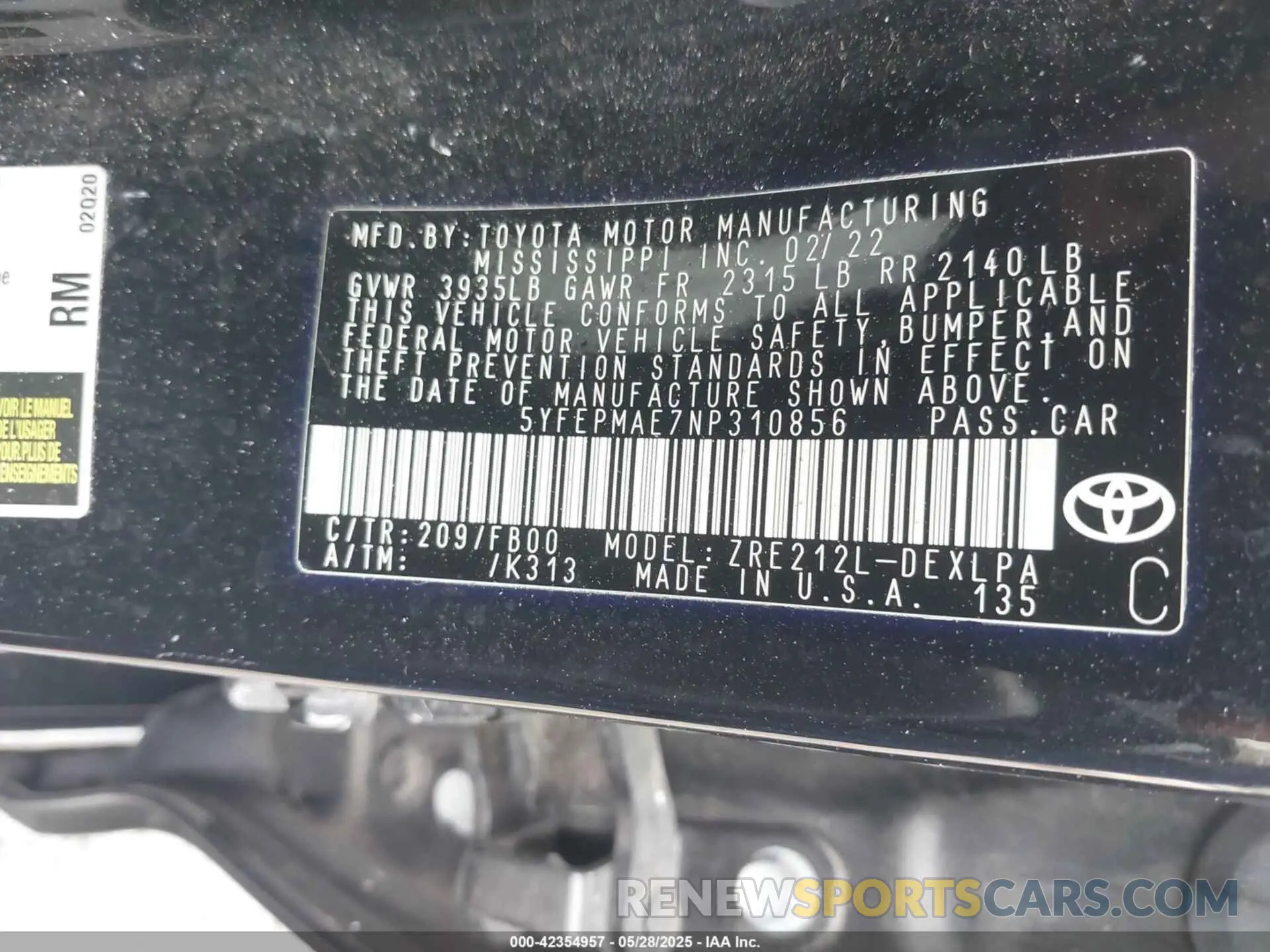 9 fotografías del automóvil dañado 5YFEPMAE7NP310856 TOYOTA COROLLA 2022