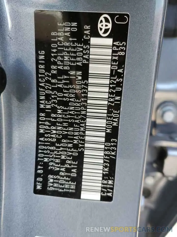 12 fotografías del automóvil dañado 5YFEPMAE7NP311375 TOYOTA COROLLA 2022