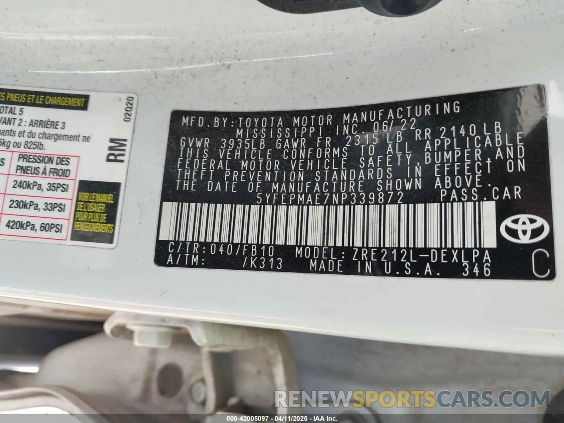 9 fotografías del automóvil dañado 5YFEPMAE7NP339872 TOYOTA COROLLA 2022
