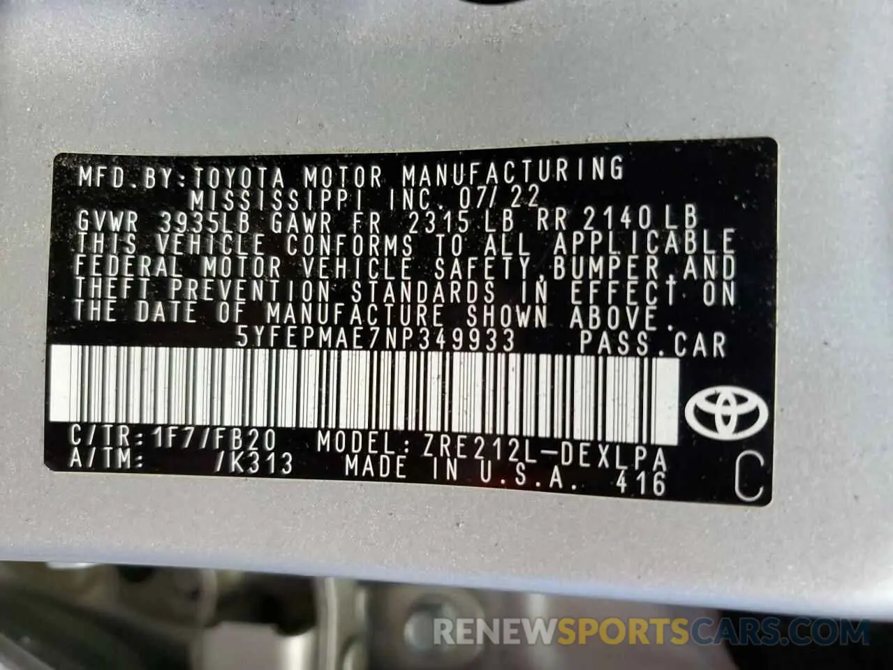 13 fotografías del automóvil dañado 5YFEPMAE7NP349933 TOYOTA COROLLA 2022