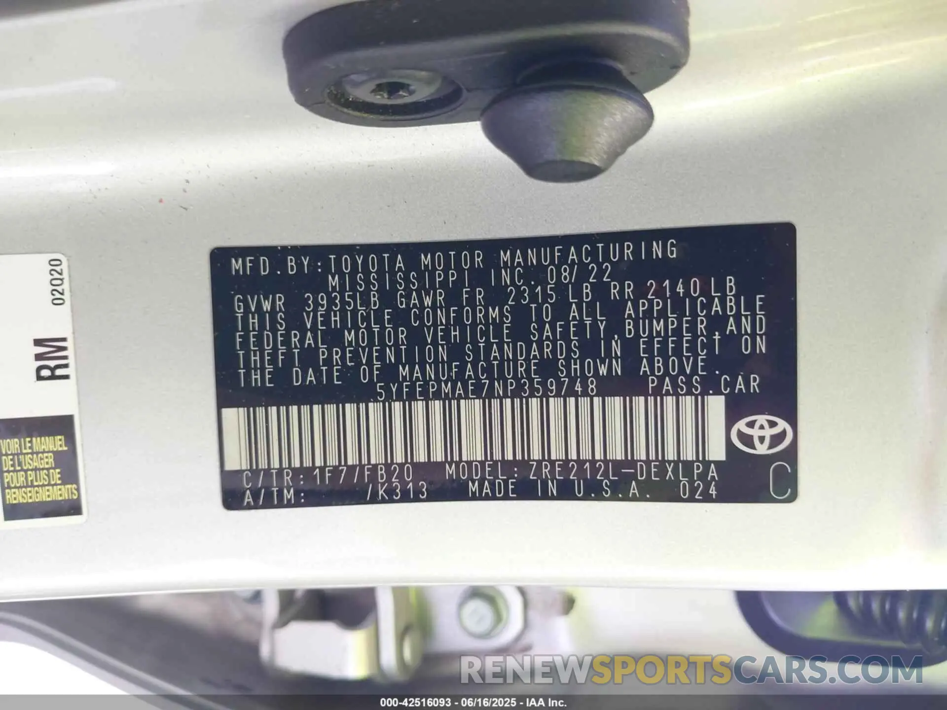 9 fotografías del automóvil dañado 5YFEPMAE7NP359748 TOYOTA COROLLA 2022