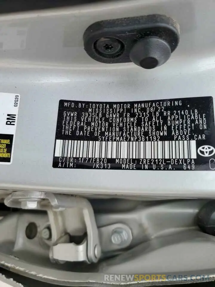 12 fotografías del automóvil dañado 5YFEPMAE7NP361192 TOYOTA COROLLA 2022