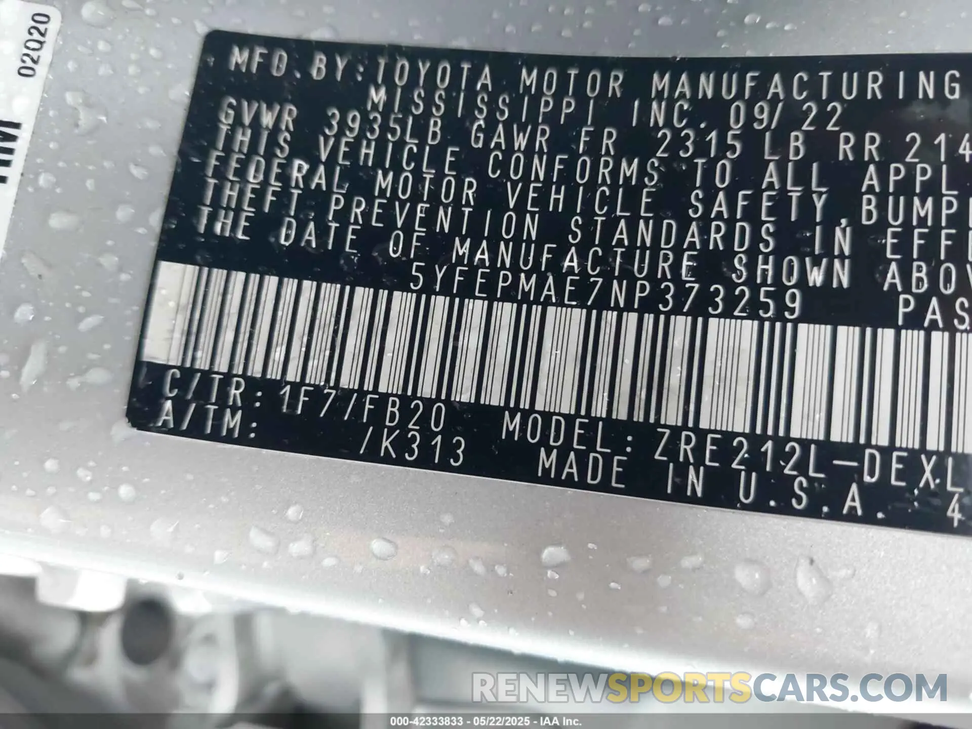 9 fotografías del automóvil dañado 5YFEPMAE7NP373259 TOYOTA COROLLA 2022