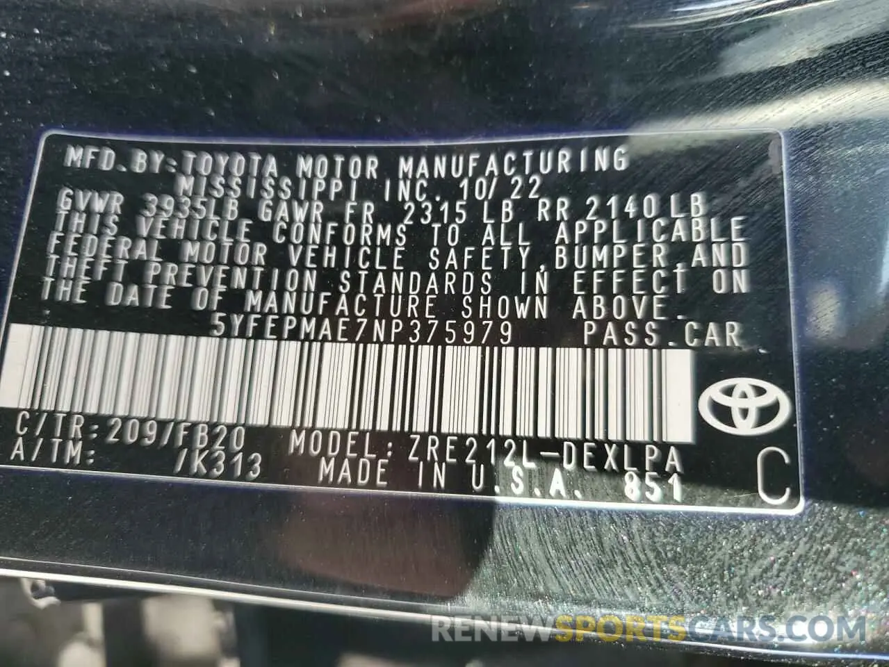 13 fotografías del automóvil dañado 5YFEPMAE7NP375979 TOYOTA COROLLA 2022