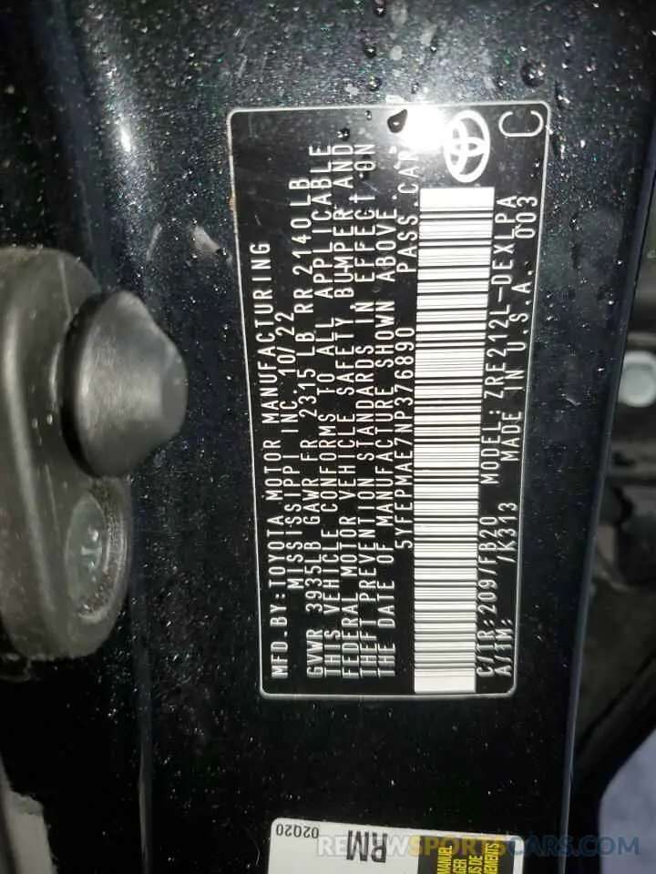 13 fotografías del automóvil dañado 5YFEPMAE7NP376890 TOYOTA COROLLA 2022