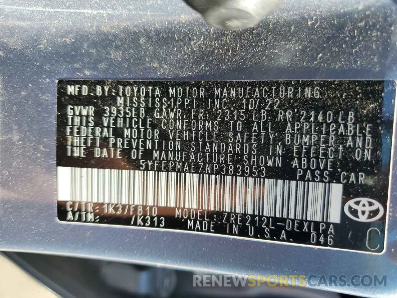12 fotografías del automóvil dañado 5YFEPMAE7NP383953 TOYOTA COROLLA 2022