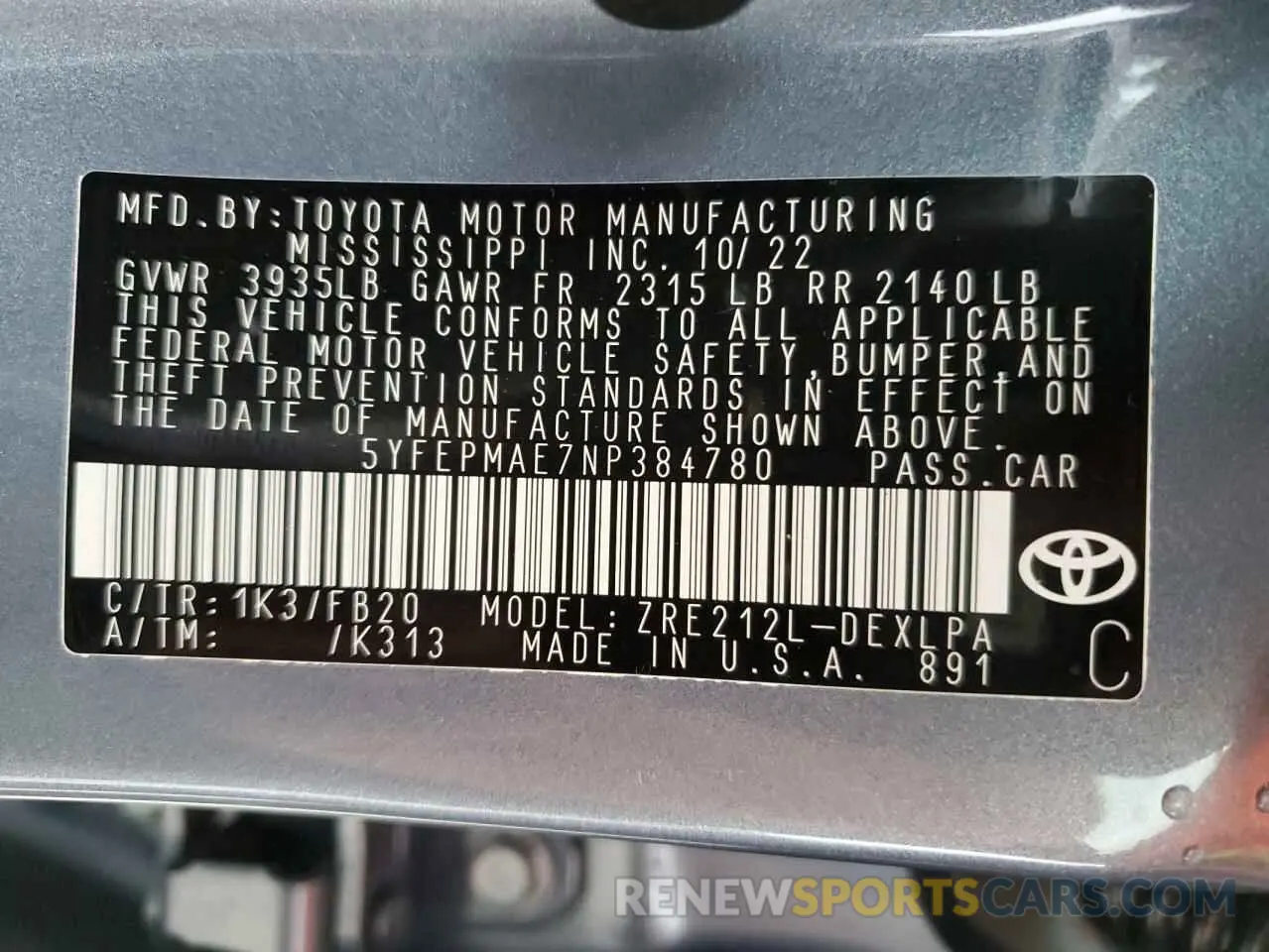 13 fotografías del automóvil dañado 5YFEPMAE7NP384780 TOYOTA COROLLA 2022