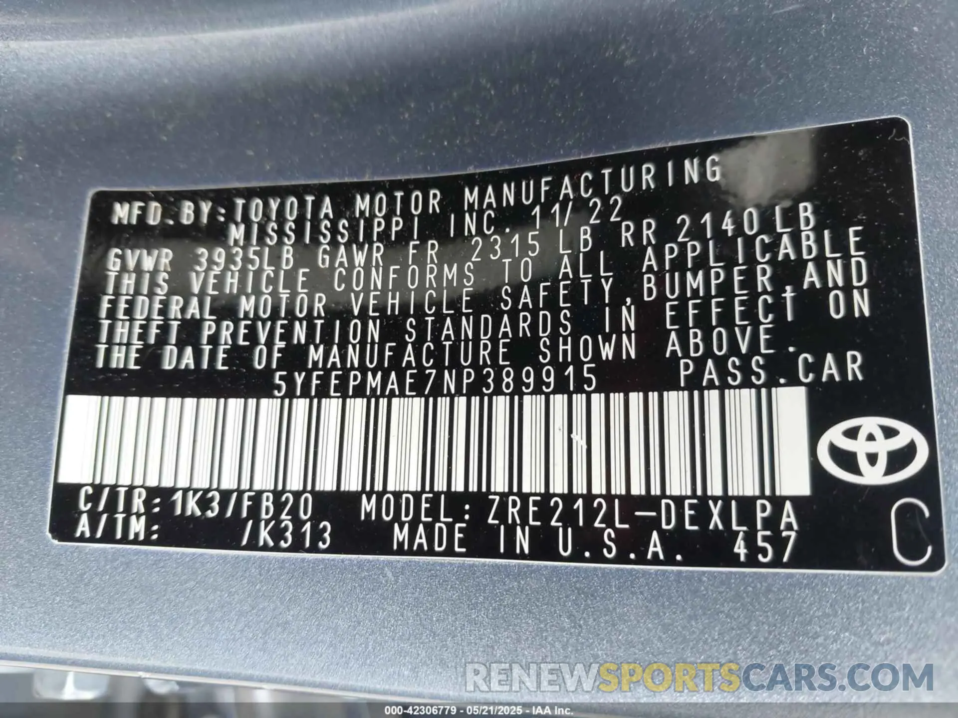 9 fotografías del automóvil dañado 5YFEPMAE7NP389915 TOYOTA COROLLA 2022