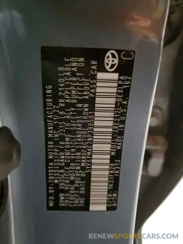 12 fotografías del automóvil dañado 5YFEPMAE7NP390501 TOYOTA COROLLA 2022