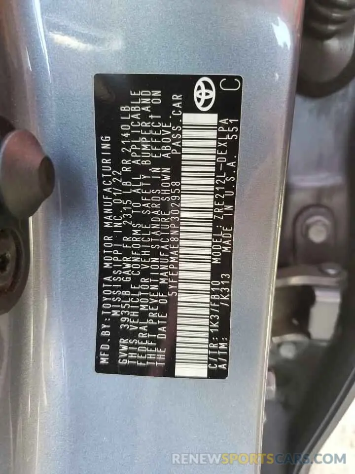 13 fotografías del automóvil dañado 5YFEPMAE8NP302958 TOYOTA COROLLA 2022
