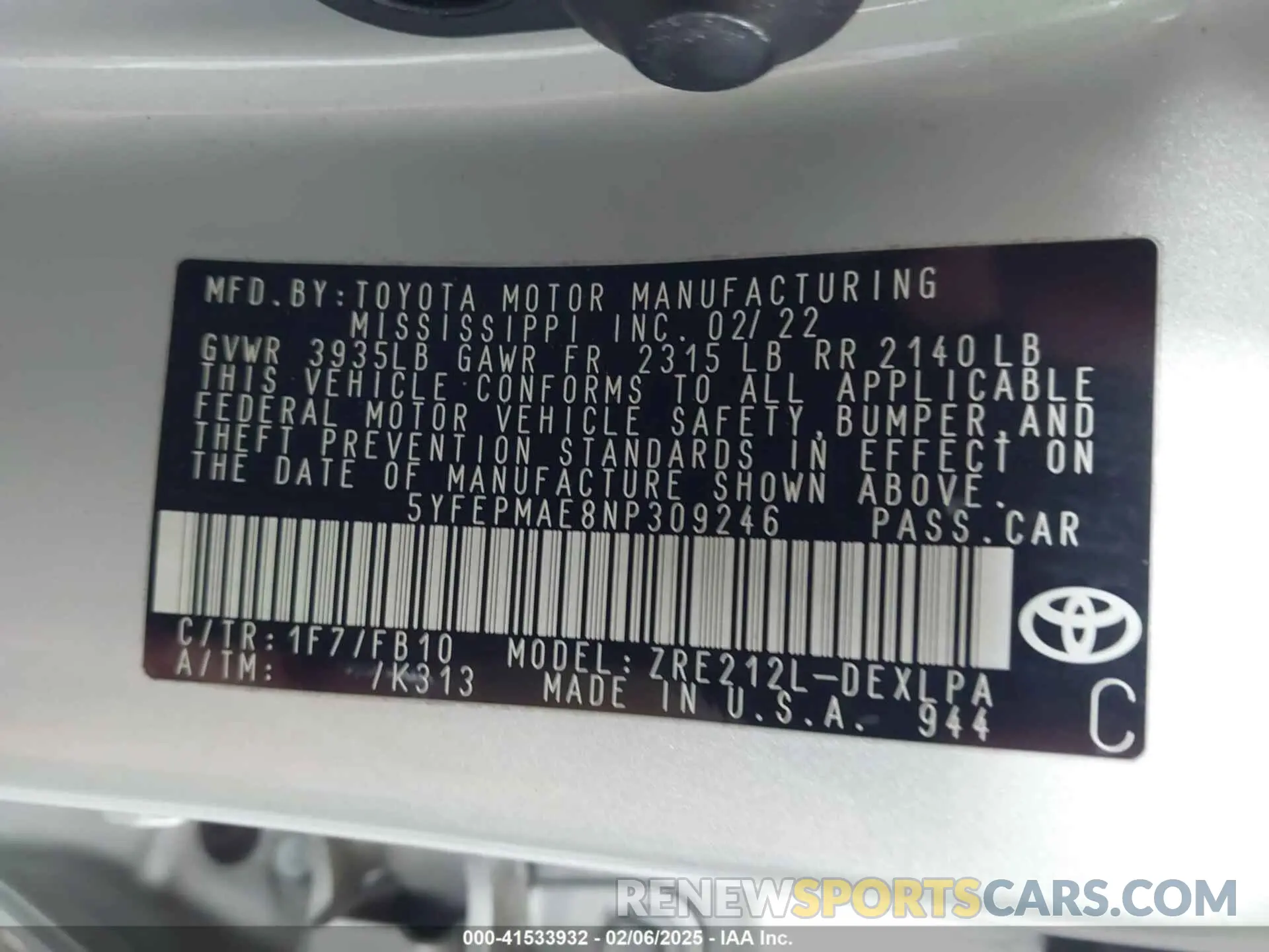 9 fotografías del automóvil dañado 5YFEPMAE8NP309246 TOYOTA COROLLA 2022