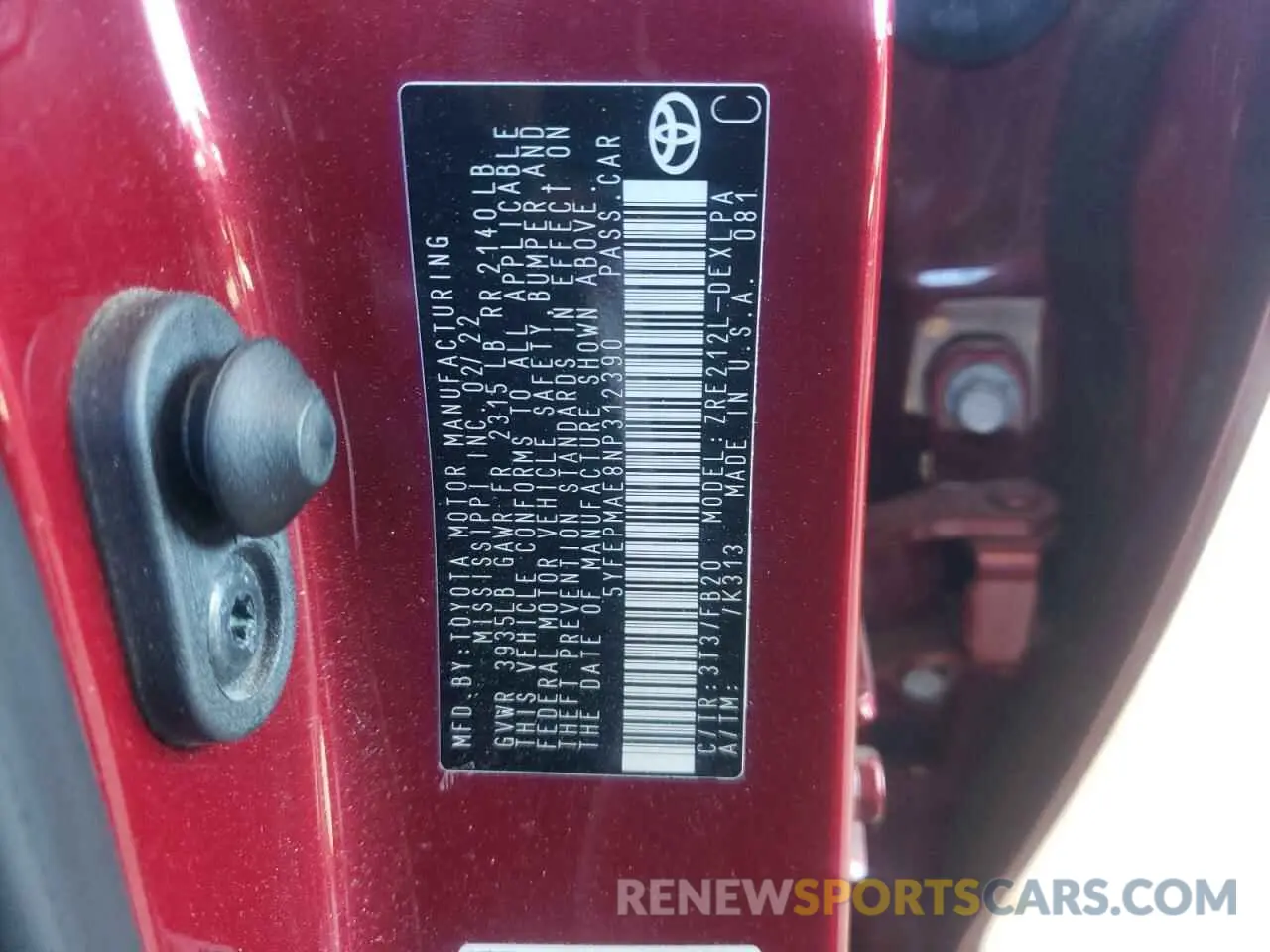 12 fotografías del automóvil dañado 5YFEPMAE8NP312390 TOYOTA COROLLA 2022