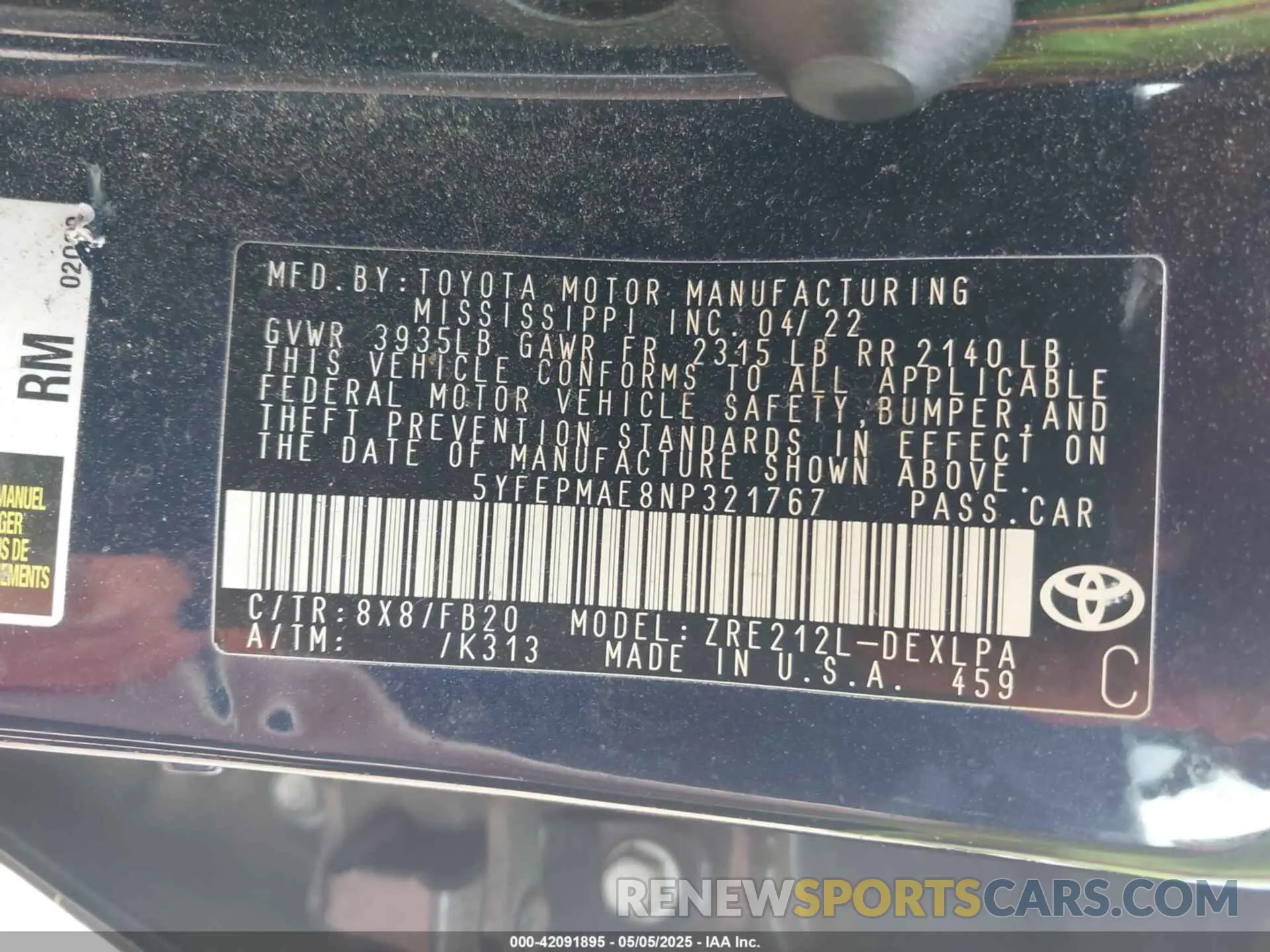 9 fotografías del automóvil dañado 5YFEPMAE8NP321767 TOYOTA COROLLA 2022