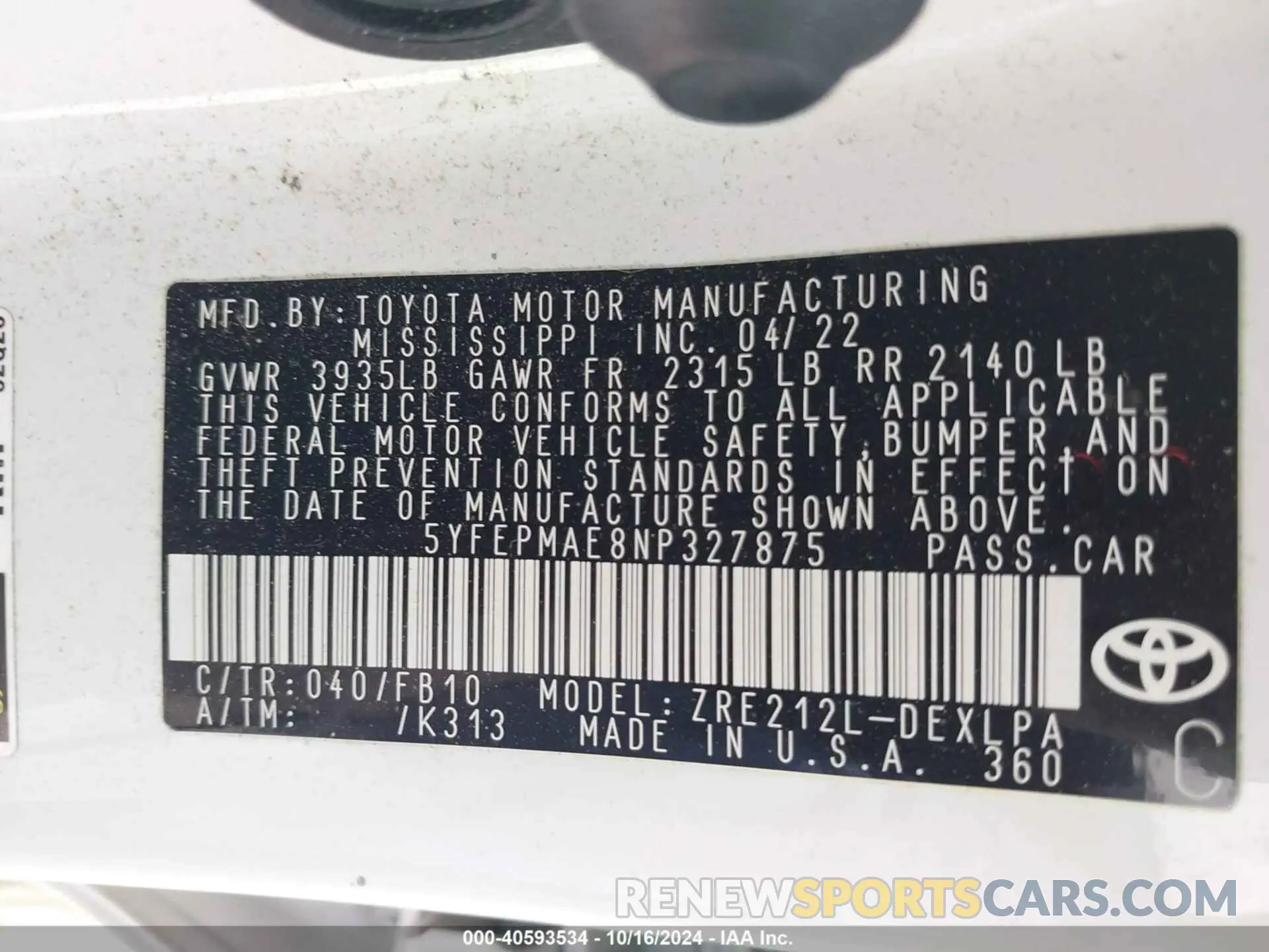 9 fotografías del automóvil dañado 5YFEPMAE8NP327875 TOYOTA COROLLA 2022