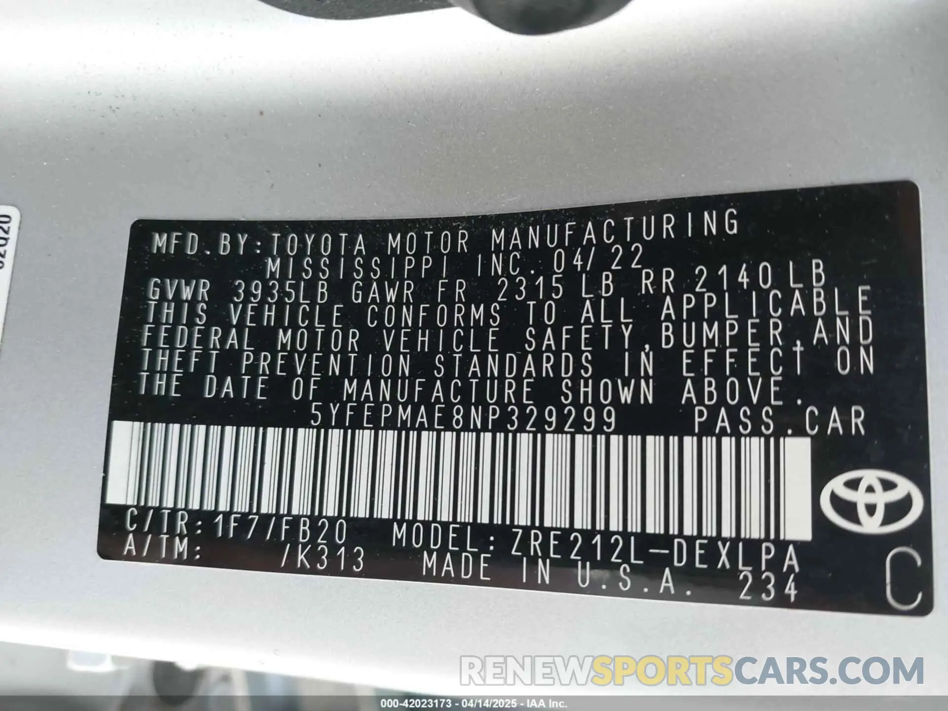 9 fotografías del automóvil dañado 5YFEPMAE8NP329299 TOYOTA COROLLA 2022