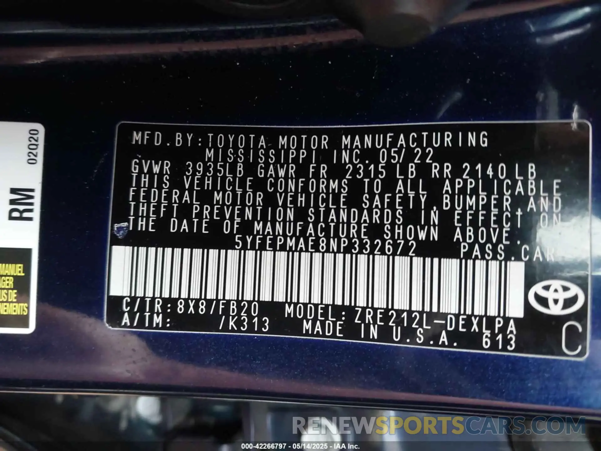 9 fotografías del automóvil dañado 5YFEPMAE8NP332672 TOYOTA COROLLA 2022