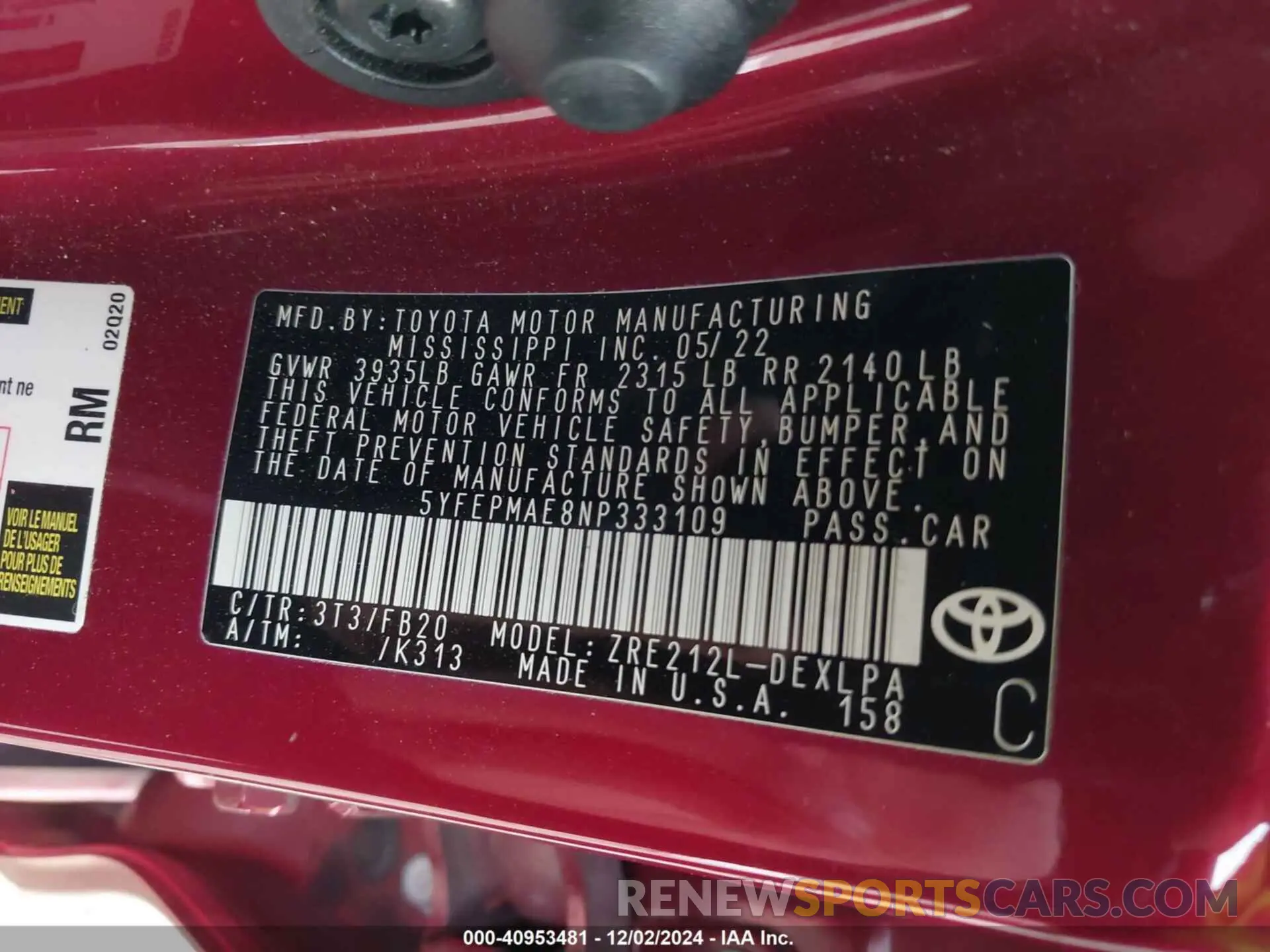 9 fotografías del automóvil dañado 5YFEPMAE8NP333109 TOYOTA COROLLA 2022