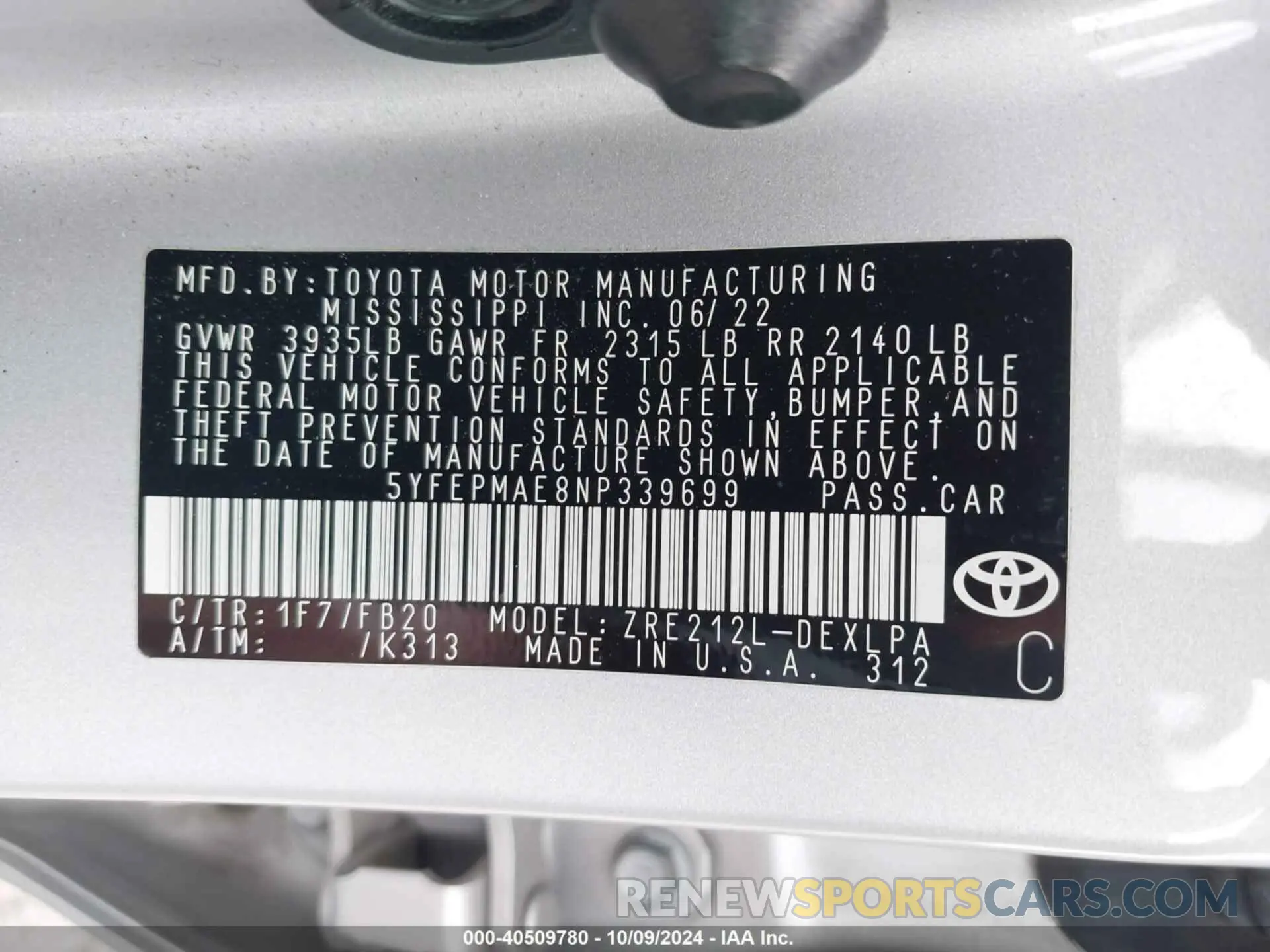 9 fotografías del automóvil dañado 5YFEPMAE8NP339699 TOYOTA COROLLA 2022