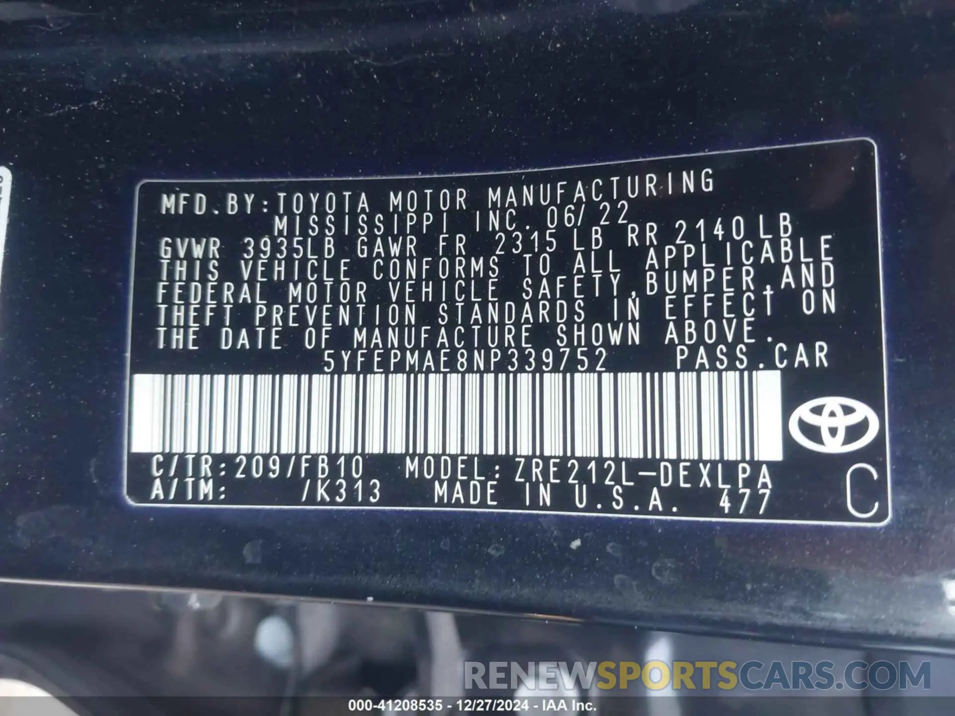 9 fotografías del automóvil dañado 5YFEPMAE8NP339752 TOYOTA COROLLA 2022
