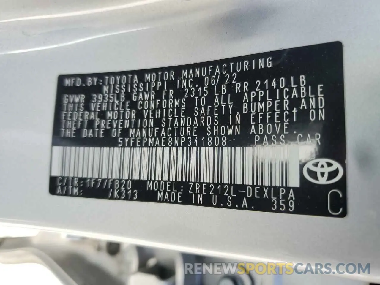 13 fotografías del automóvil dañado 5YFEPMAE8NP341808 TOYOTA COROLLA 2022
