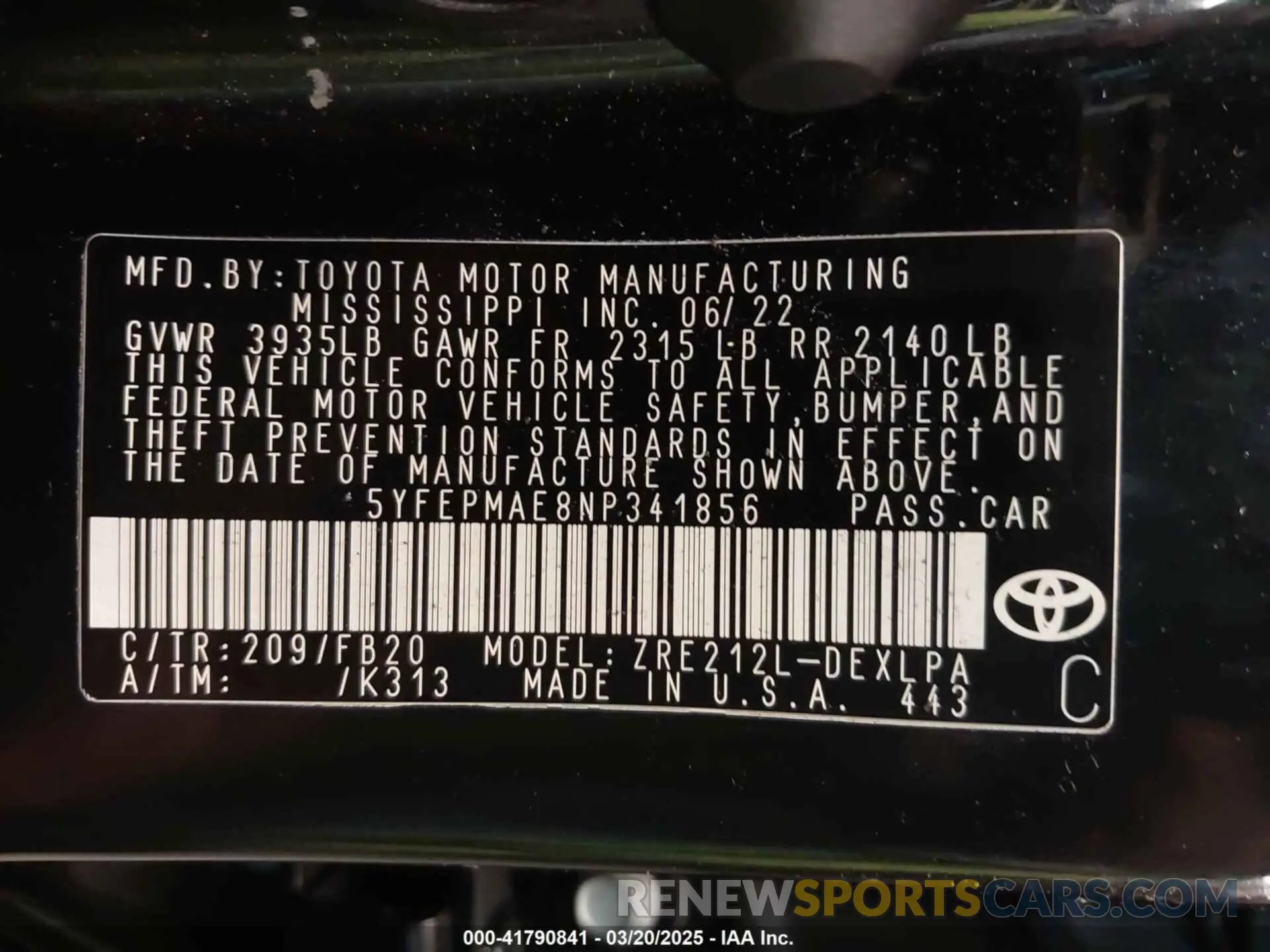 9 fotografías del automóvil dañado 5YFEPMAE8NP341856 TOYOTA COROLLA 2022