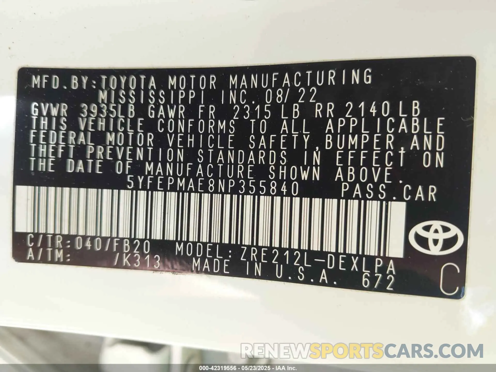 9 fotografías del automóvil dañado 5YFEPMAE8NP355840 TOYOTA COROLLA 2022