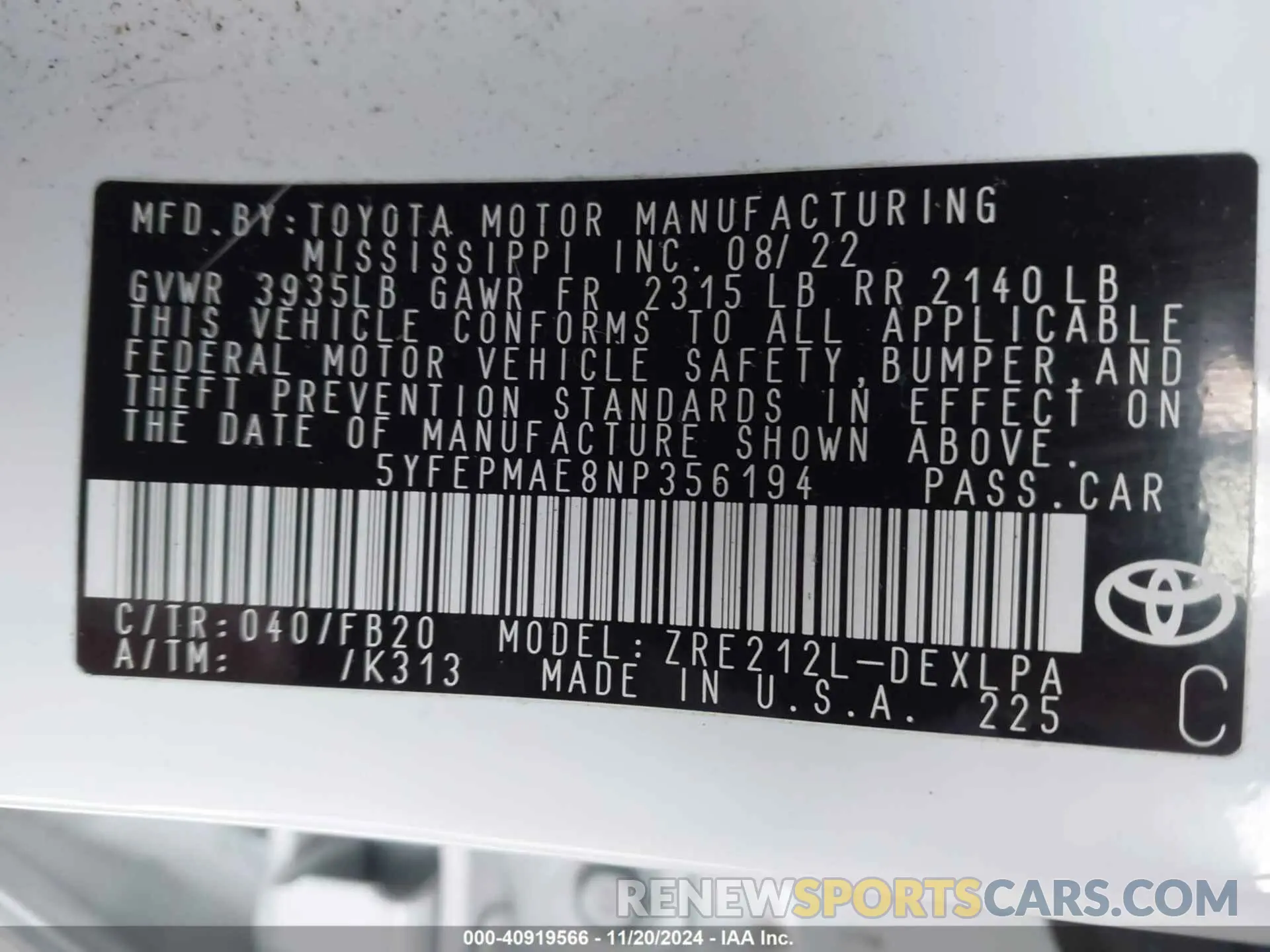 9 fotografías del automóvil dañado 5YFEPMAE8NP356194 TOYOTA COROLLA 2022
