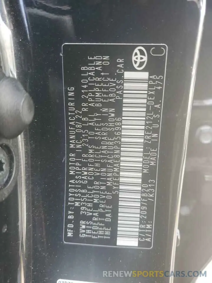 13 fotografías del automóvil dañado 5YFEPMAE8NP356986 TOYOTA COROLLA 2022