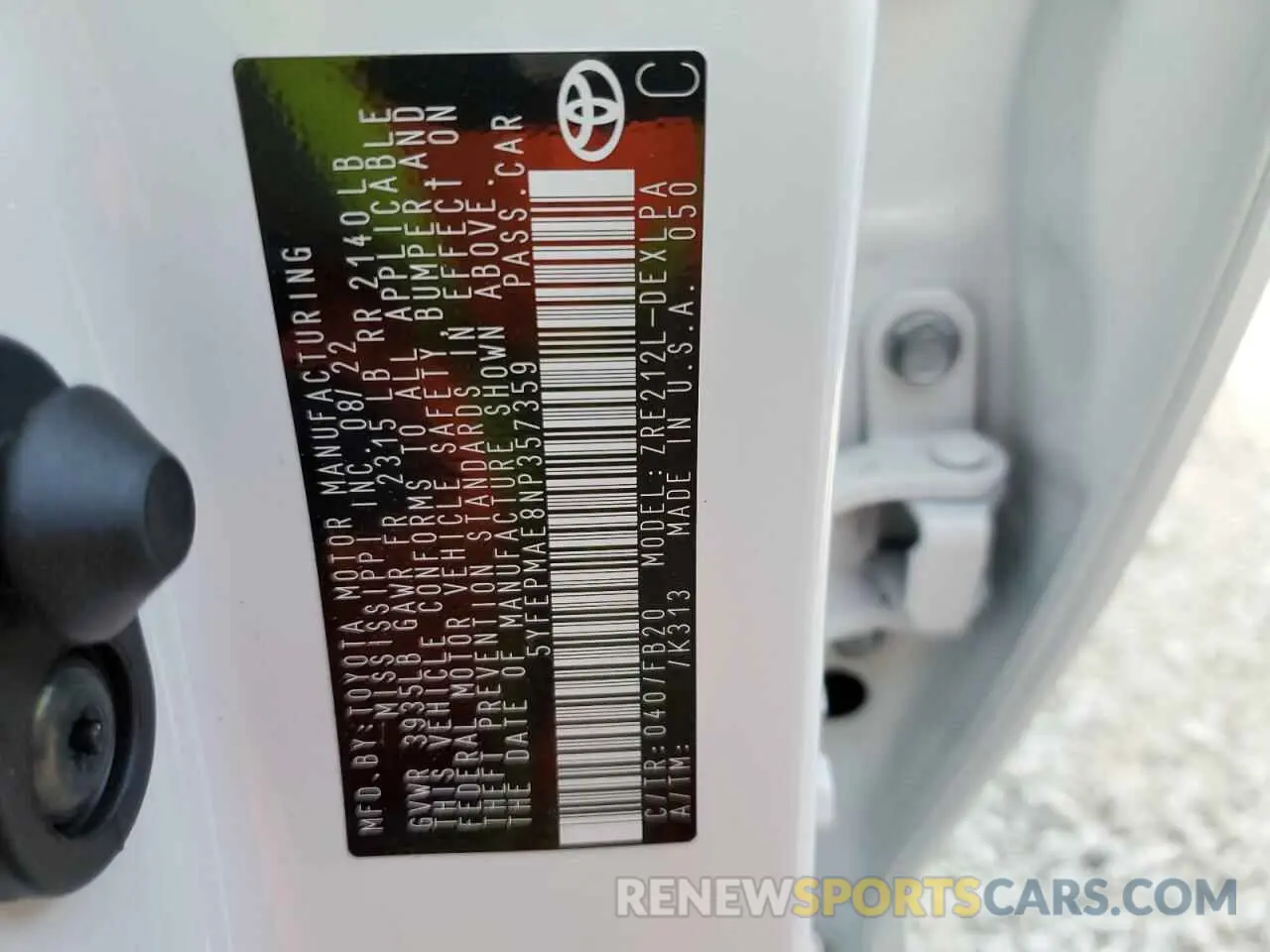 10 fotografías del automóvil dañado 5YFEPMAE8NP357359 TOYOTA COROLLA 2022