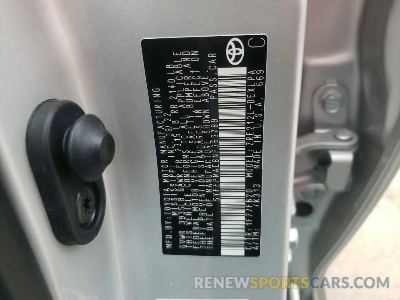 12 fotografías del automóvil dañado 5YFEPMAE8NP363789 TOYOTA COROLLA 2022