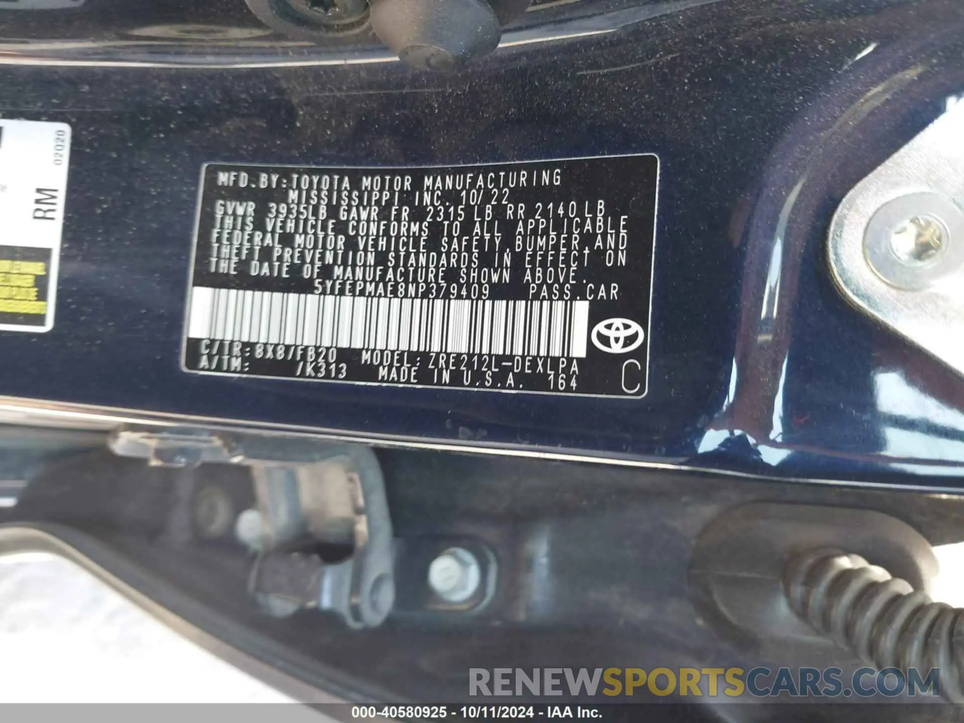 9 fotografías del automóvil dañado 5YFEPMAE8NP379409 TOYOTA COROLLA 2022