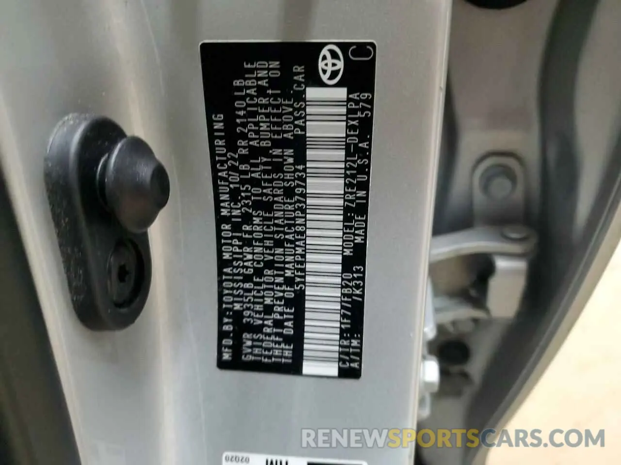 12 fotografías del automóvil dañado 5YFEPMAE8NP379734 TOYOTA COROLLA 2022