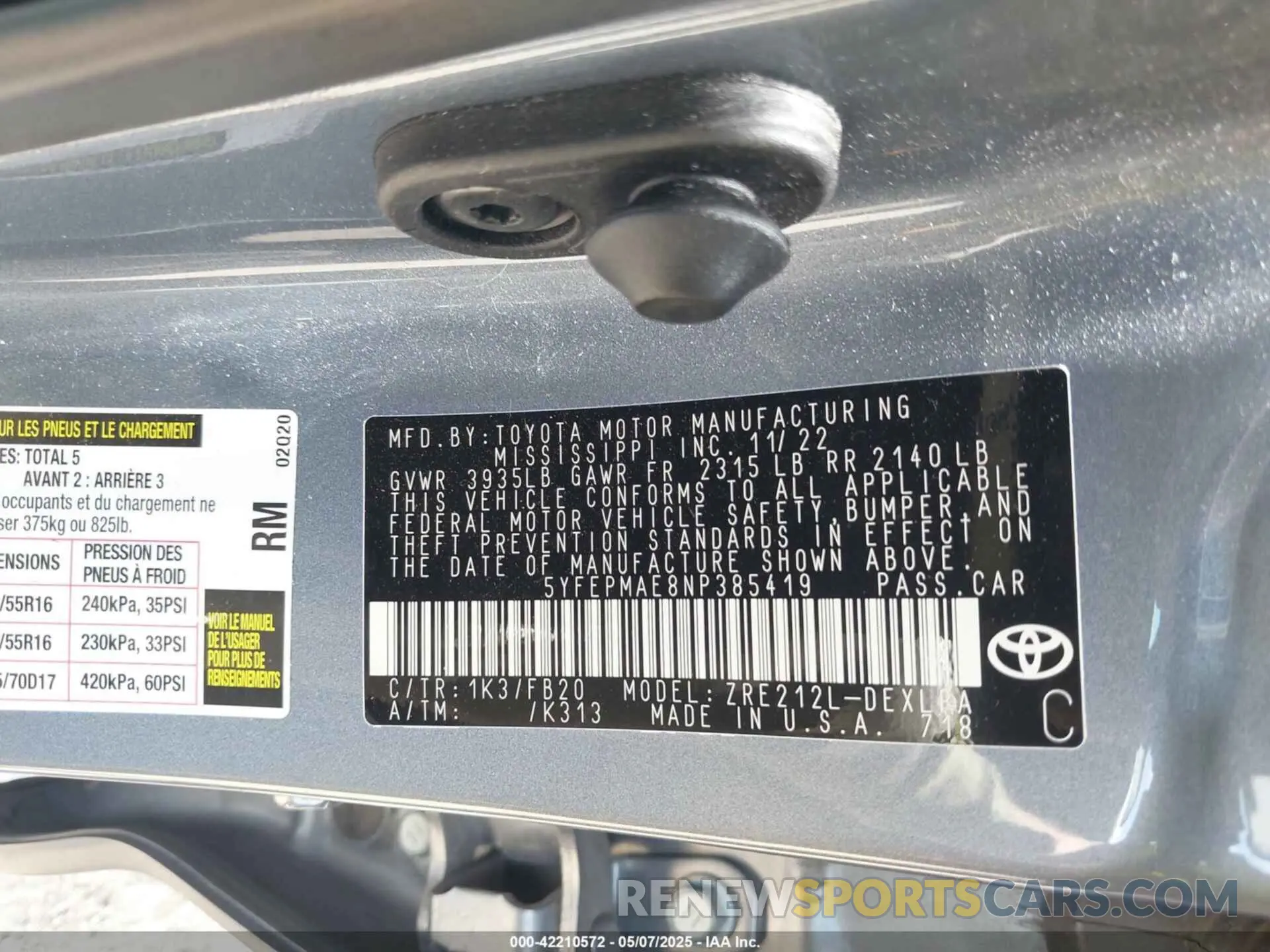 9 fotografías del automóvil dañado 5YFEPMAE8NP385419 TOYOTA COROLLA 2022