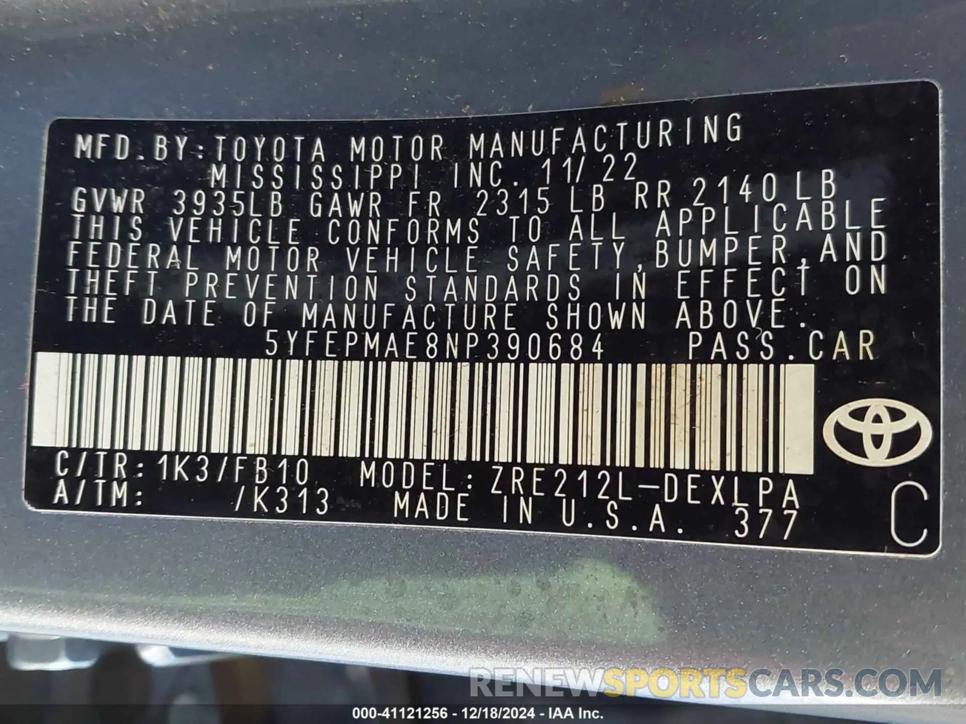 9 fotografías del automóvil dañado 5YFEPMAE8NP390684 TOYOTA COROLLA 2022