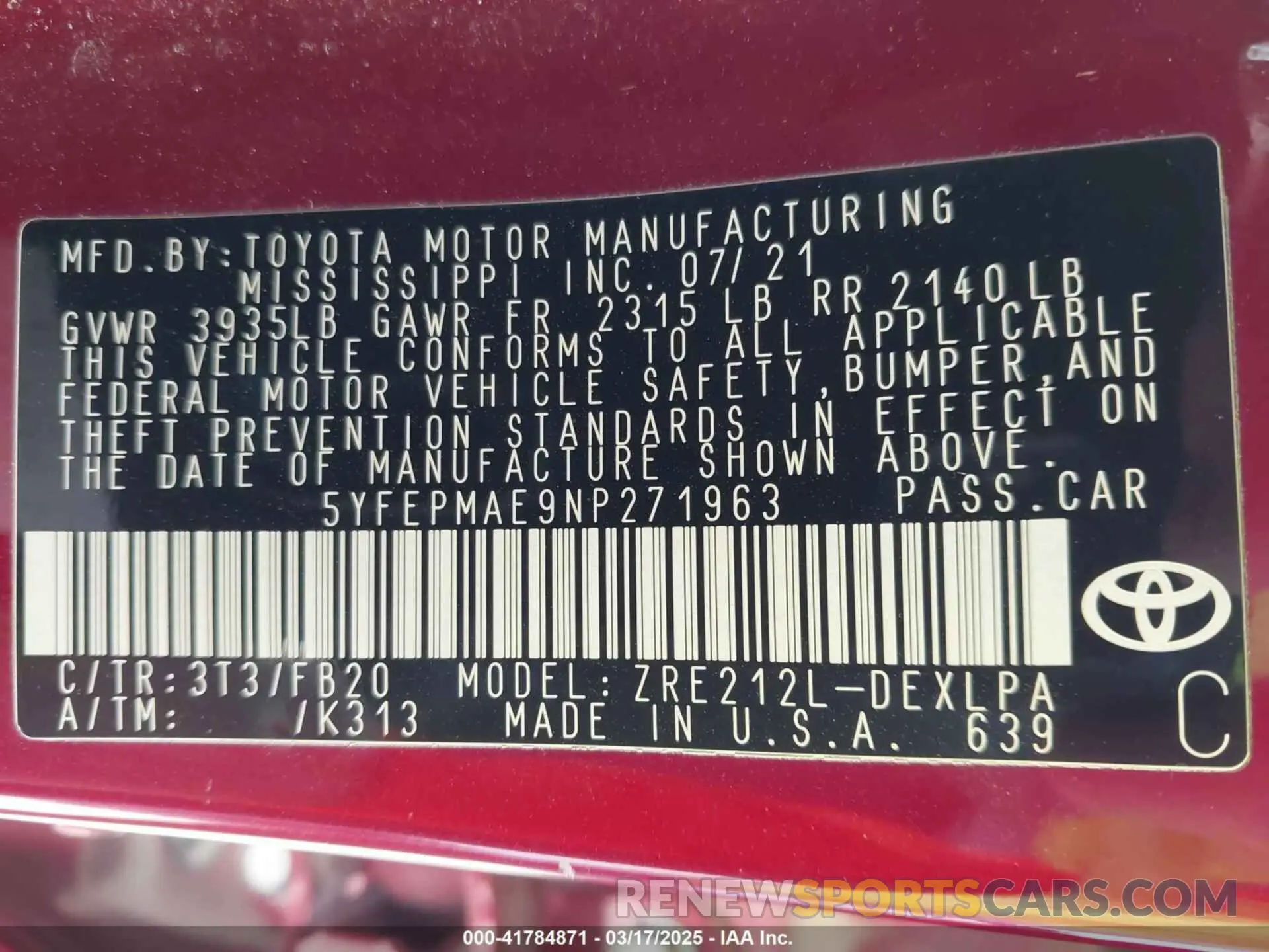 9 fotografías del automóvil dañado 5YFEPMAE9NP271963 TOYOTA COROLLA 2022