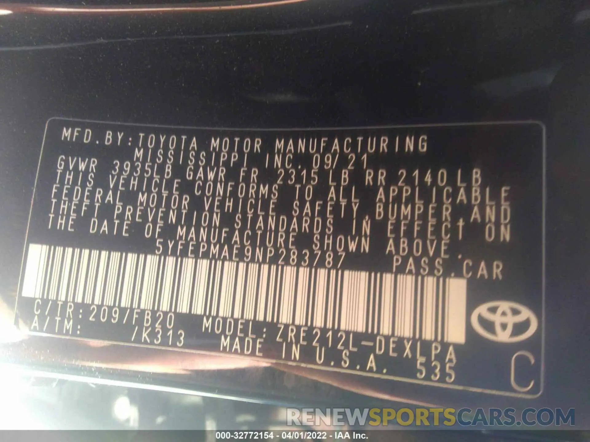 9 fotografías del automóvil dañado 5YFEPMAE9NP283787 TOYOTA COROLLA 2022