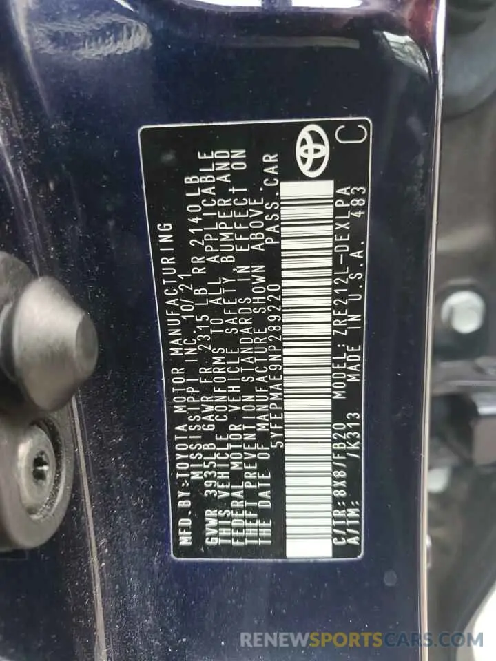 12 fotografías del automóvil dañado 5YFEPMAE9NP289220 TOYOTA COROLLA 2022