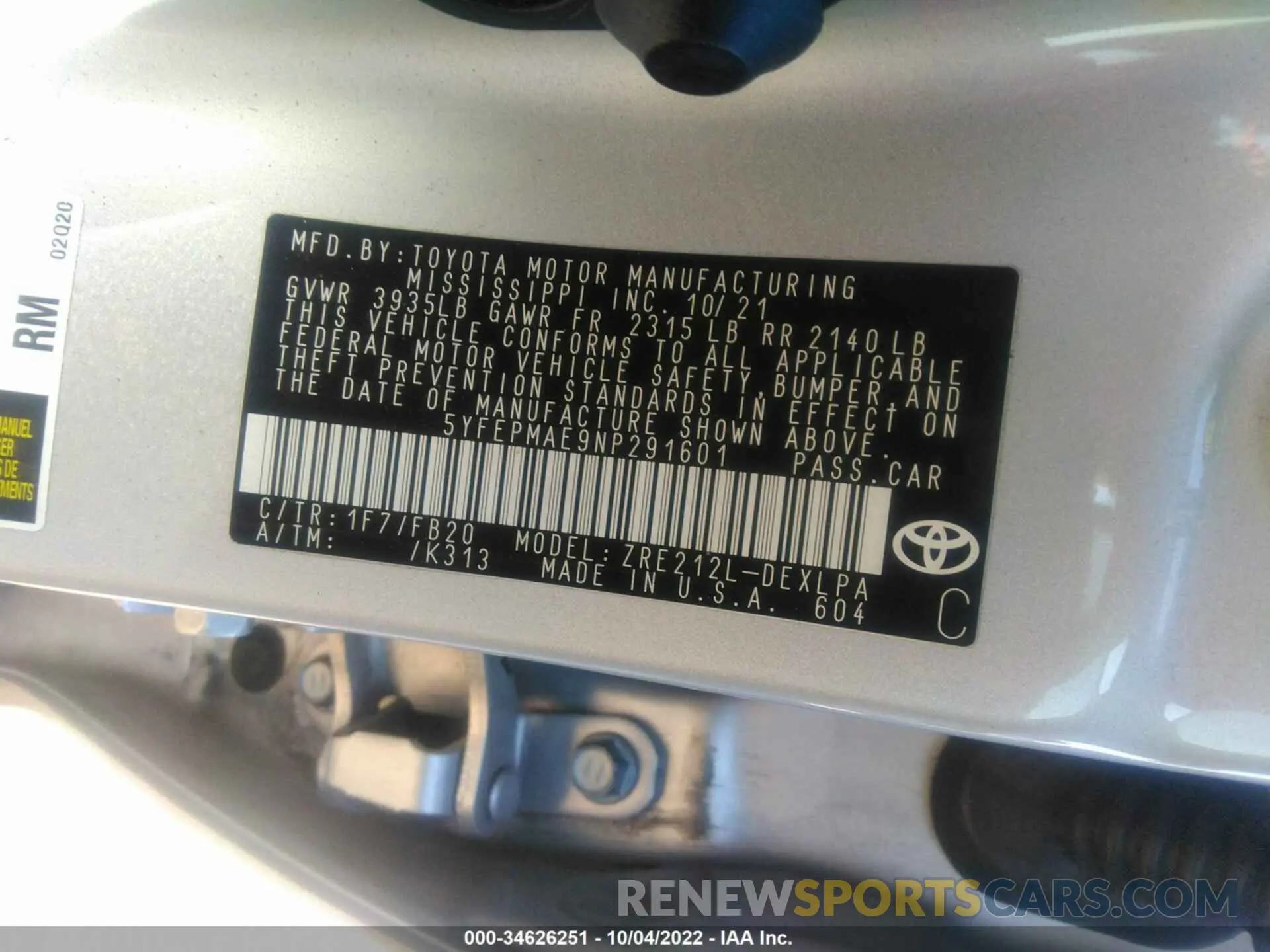 9 fotografías del automóvil dañado 5YFEPMAE9NP291601 TOYOTA COROLLA 2022